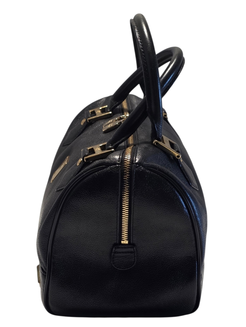 MCM Boston Bag With Gold Hardware Classic Black Leather Dome Satchel Handbag - Picture 6 of 15